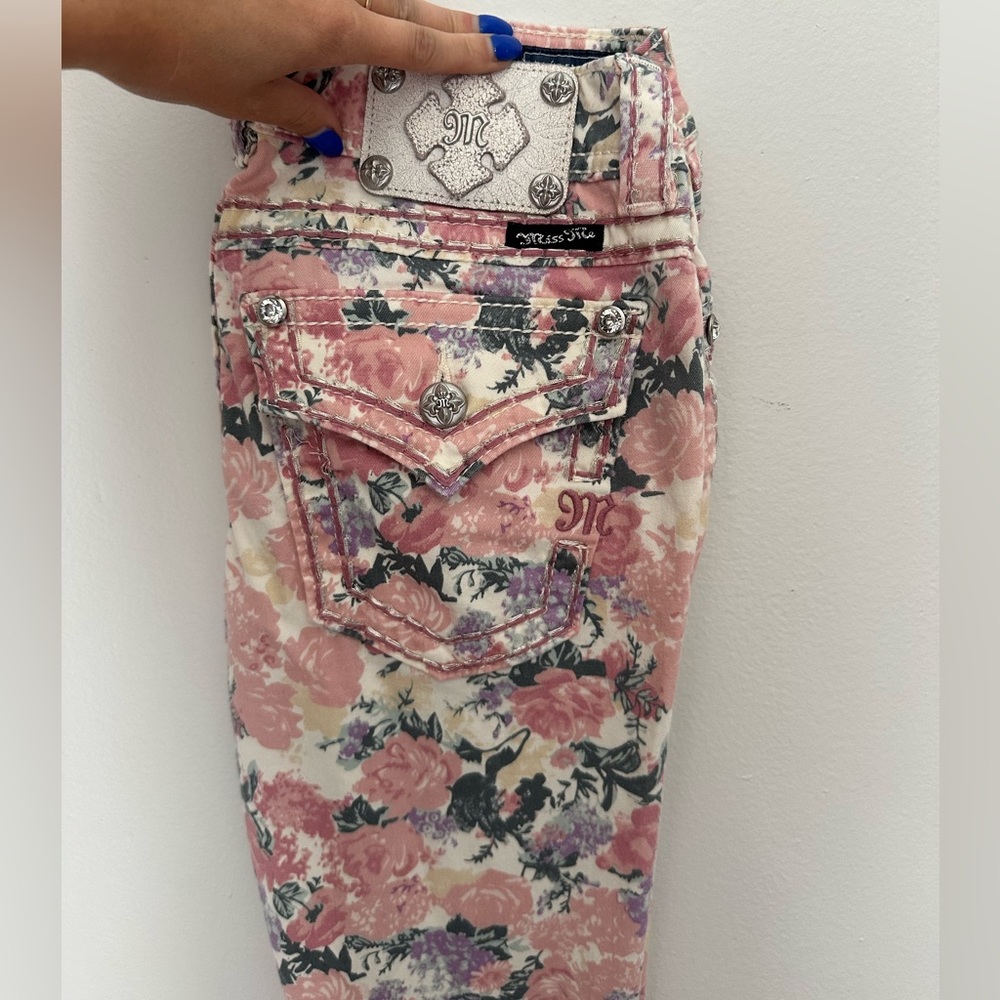 Miss Me Floral Print Cargo Jeans- Cuff Skinny